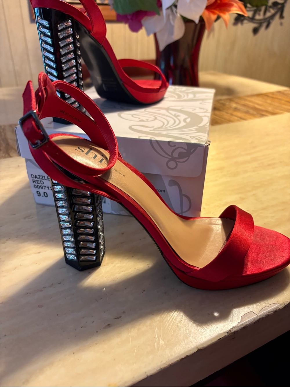 Shi by JOURNEYS Red Satin Dazzle Block Heel Sandals